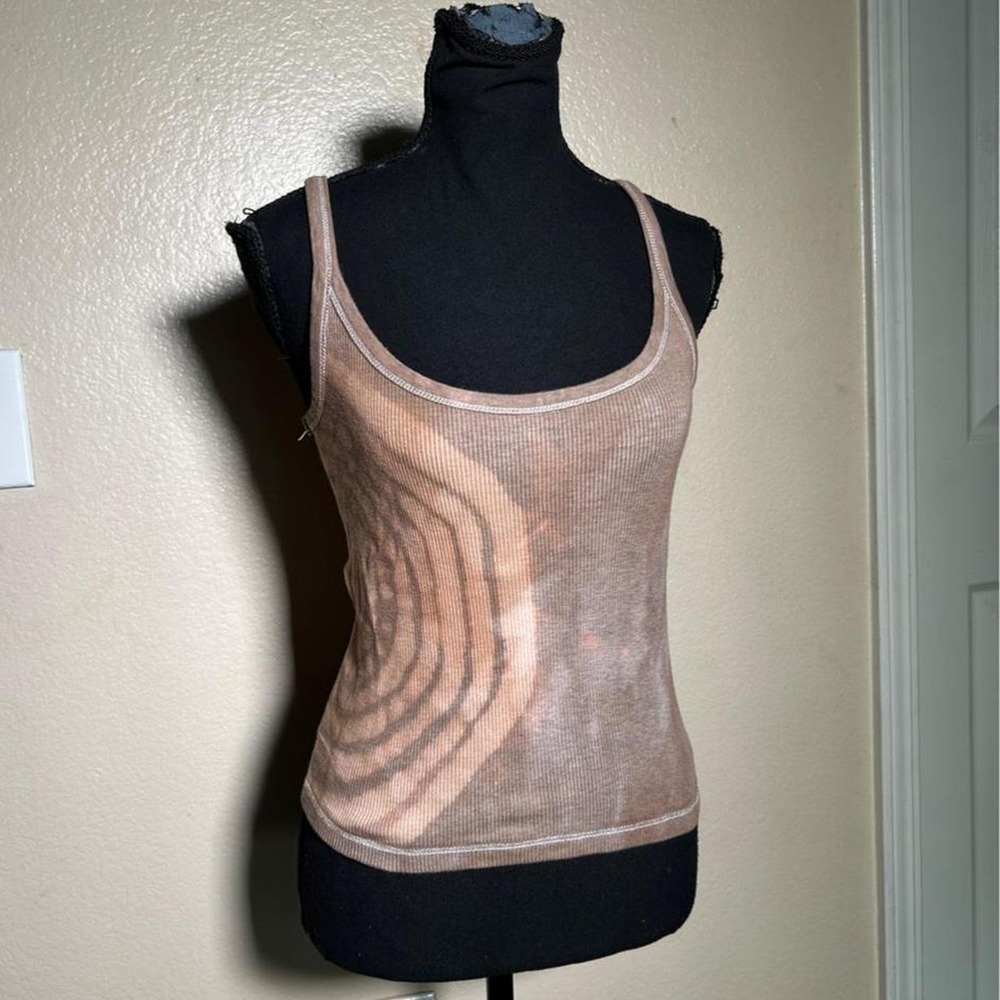 Brown Bleach Wash Spiral Ribbed Tank Top Y2K Grunge Small